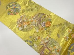 引箔丸文に松・寺院・花々模様織出し袋帯